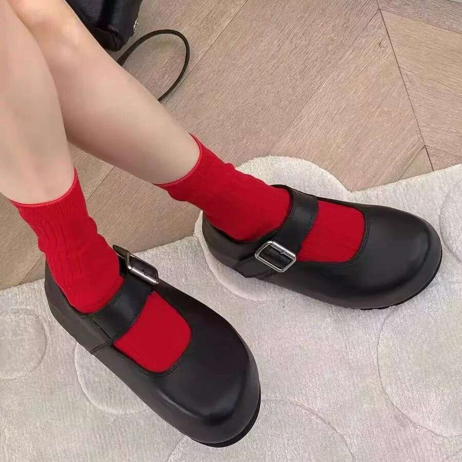 Cowhide Version ~ Korean Style Chunky Hidden Heel Shallow Mouth One-Strap Single for Women 2025 Spring Summer Mary Jane Shoes