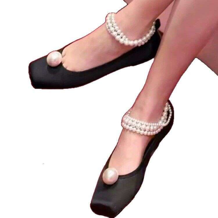 Genuine Leather Satin French Niche Pearl Square Toe Ballet for Women 2025 Spring Super Popular Shallow Mouth Single Flat Shoes