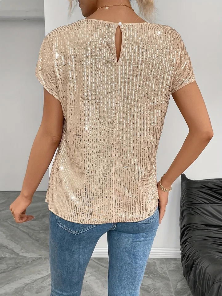 Plus Size Womens Sequined Round Neck Vest Casual Polyester Knitted Fabric Sleeveless Top Shiny Texture Suitable for Daily Wear 250519