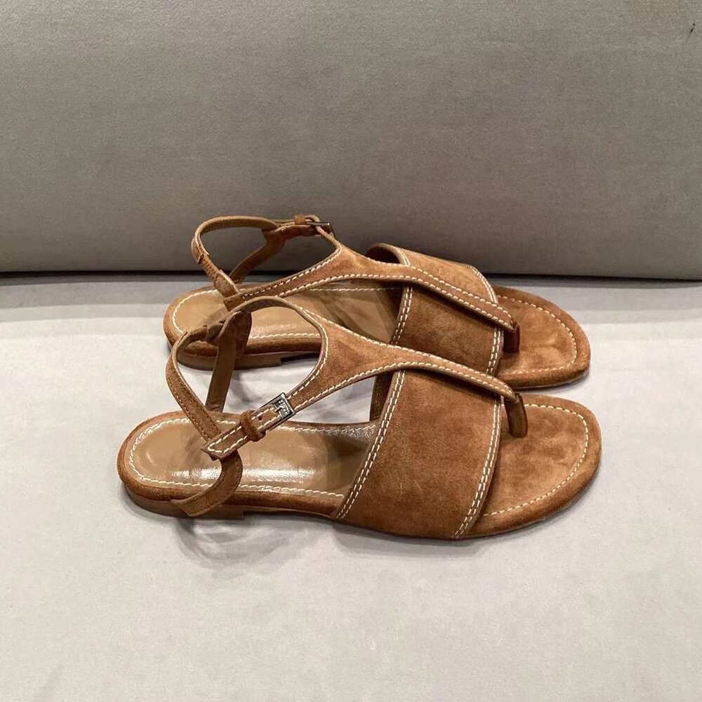 2024 New Summer Suede Toe Post Flat Roman Sandals for Women Genuine Leather Versatile Back Strap Slippers
