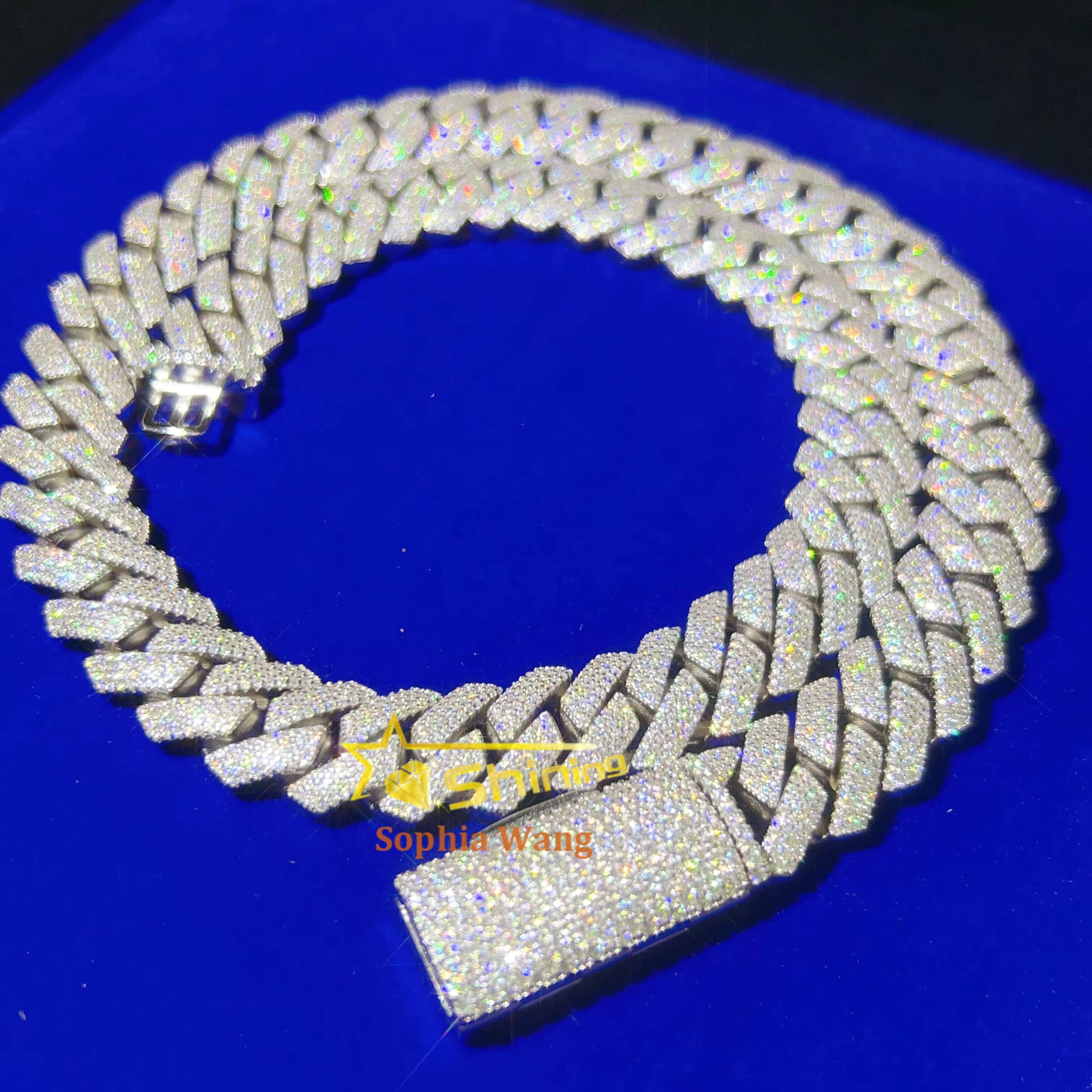 Fine Jewelry Necklace 925 Solid Silver 15mm Hip Hop Iced Out Vvs D Color Diamond Moissanite Cuban Link Chain