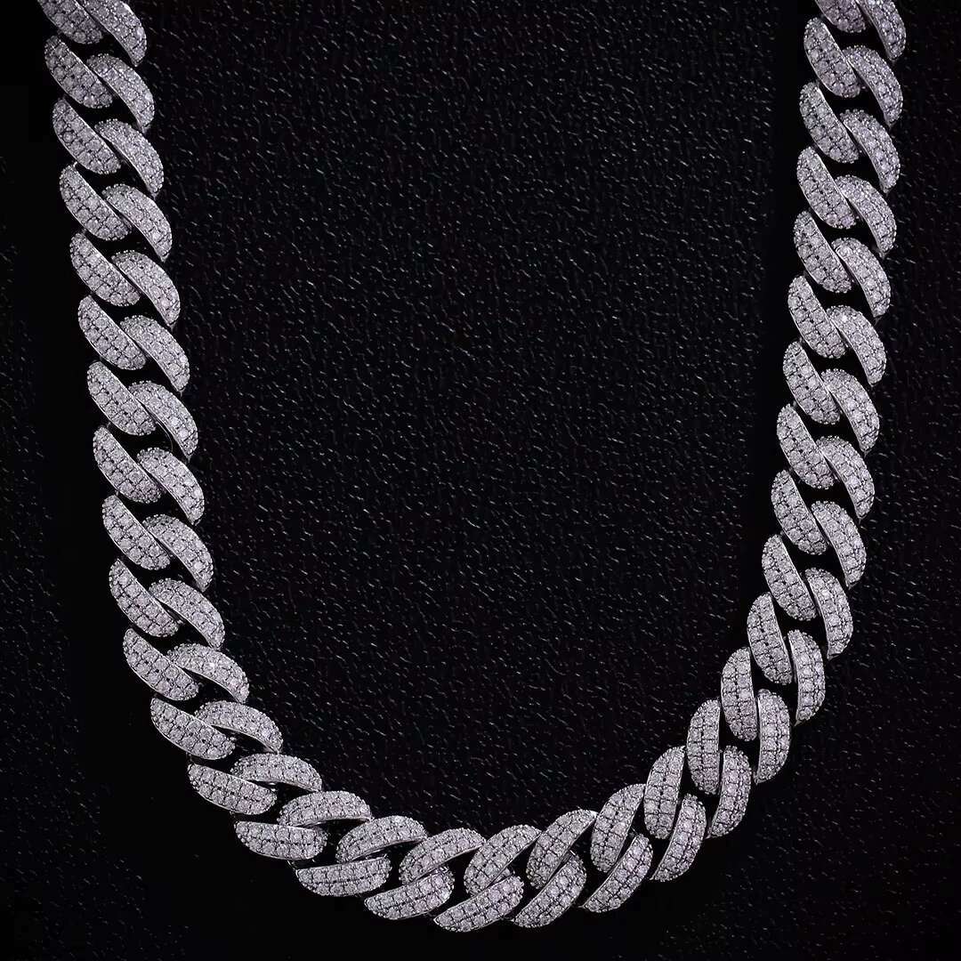 Factory Direct Sale Custom Cuban Link Chain Hip-hop Rap Style Necklace 10mm 925 Silver with Moissanite 2 Rows of Stones Gift