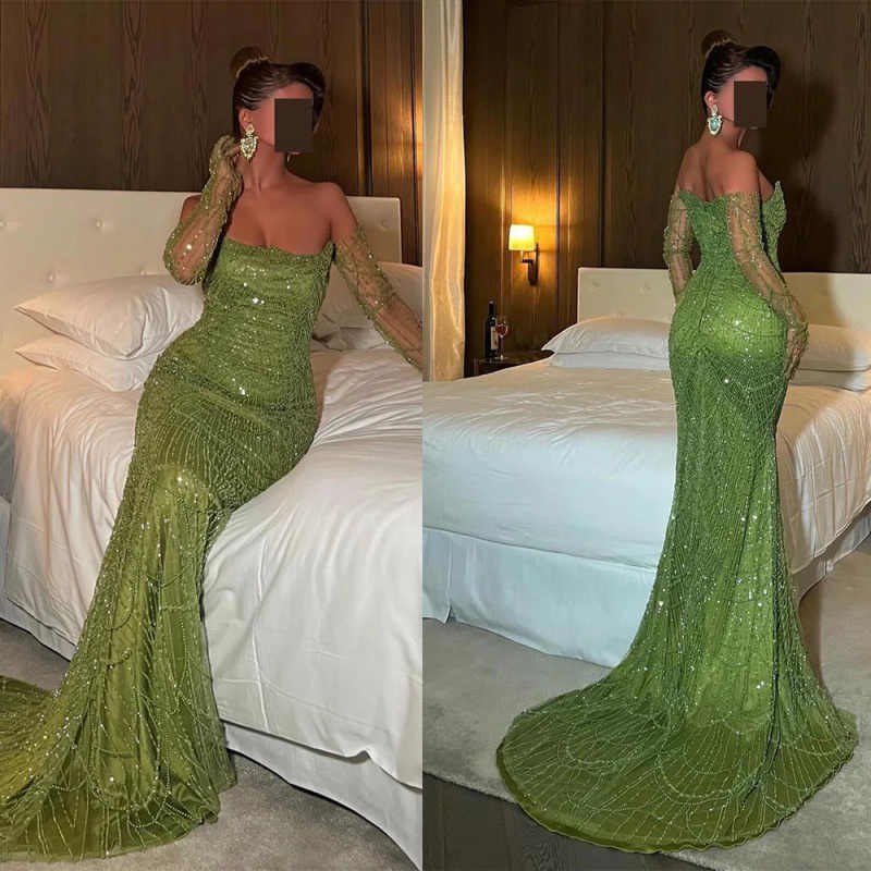 Vintage Evening Dresses For Women Strapless Sleeveless Gown Sequins Beaded Sweep Train Dress Party Customized Dress