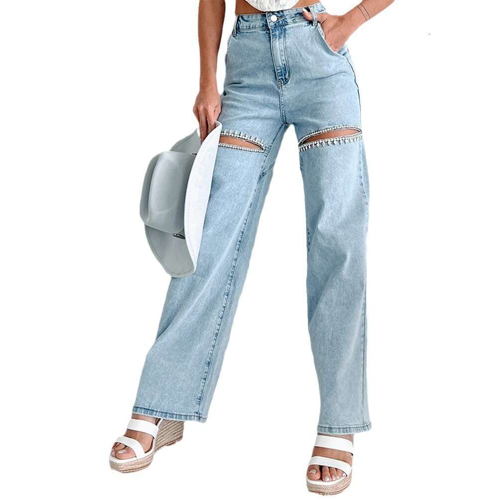 Autumn New Fashion Casual Studded Ripped Straight Leg Women's Vintage Jeans B5