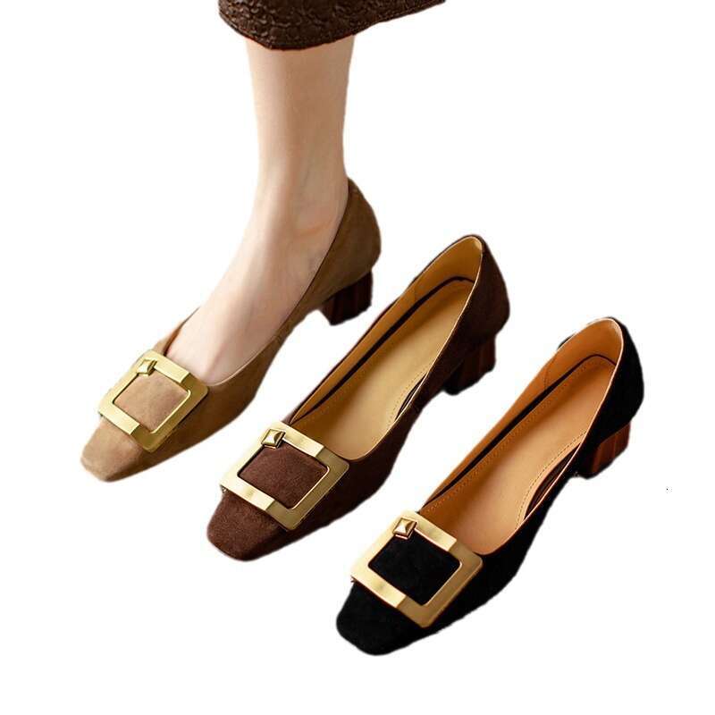 Chengdu Style ~ Square Toe Metal Suede Shallow Mouth Single Shoes for Women Spring New Elegant Versatile Chunky Heel Loafers