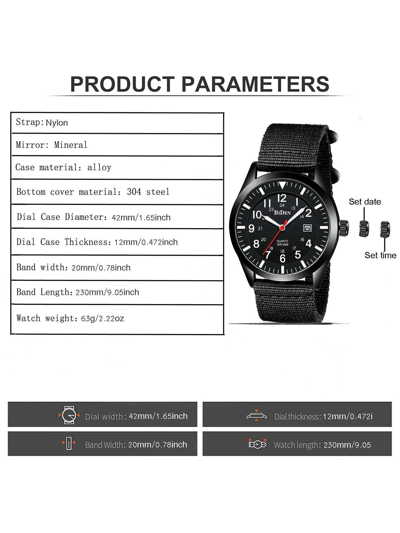 BIDEN Fashionable Mens Sports Quartz Watch Simple Nylon Strap Night Light Automatic Date Waterproof Mens Watch W250529