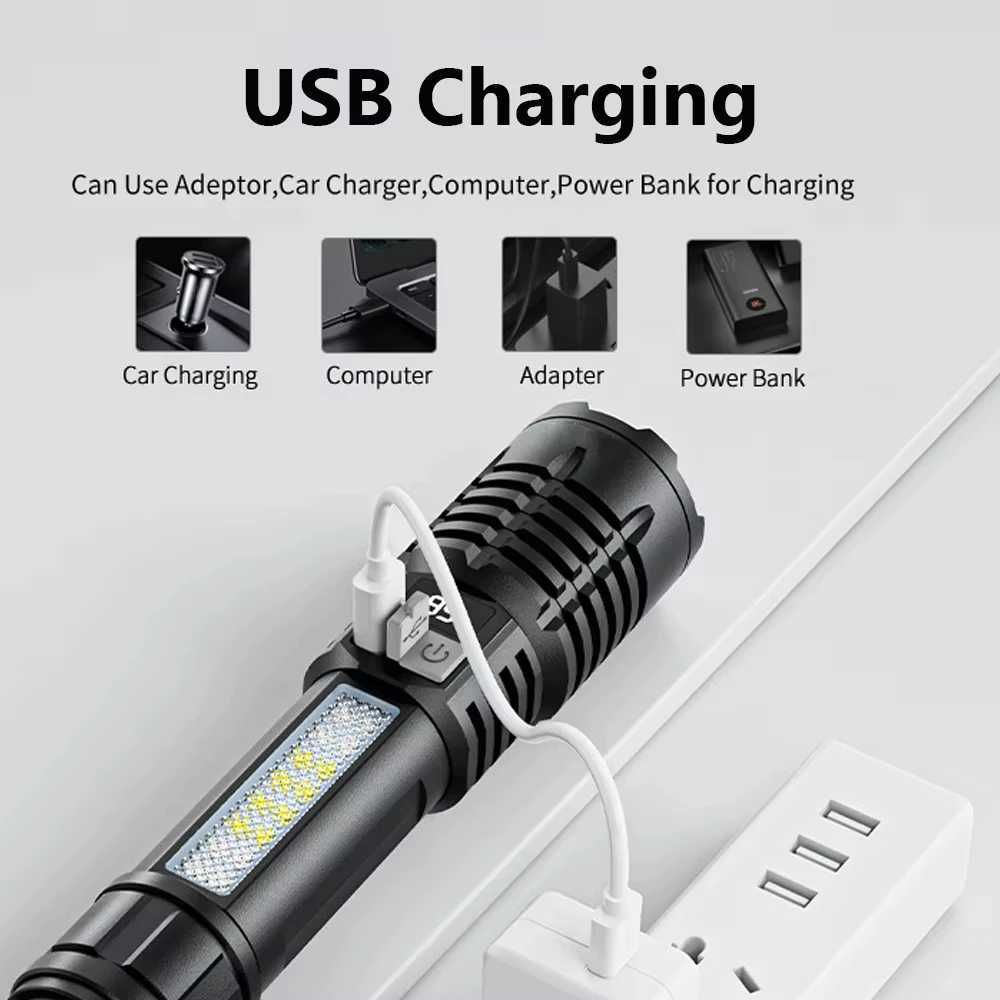 High Power LED Flashlight Rechargeable Flashlight With Side Light Super Bright Long Shot For Outdoor Camping And Hiking XJ250529