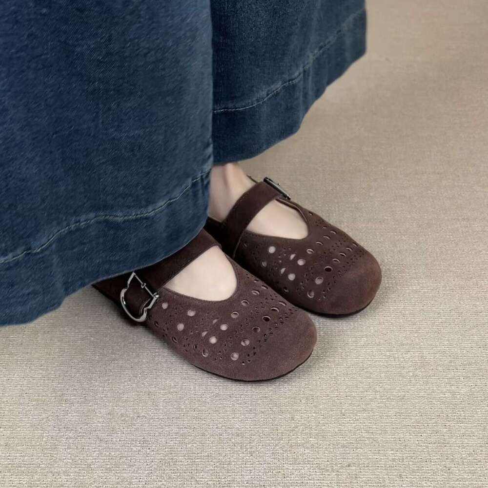 Sheepskin Version ~ Korean Style Round Toe Hollow Out Hole Flat One-Strap Mary Jane for Women 2025 Spring Summer Single Shoes