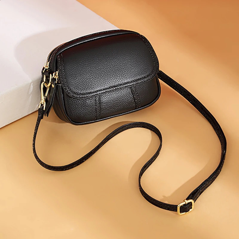Solid color simple small square bag genuine leather multilayer zipper single shoulder crossbody bag 250528