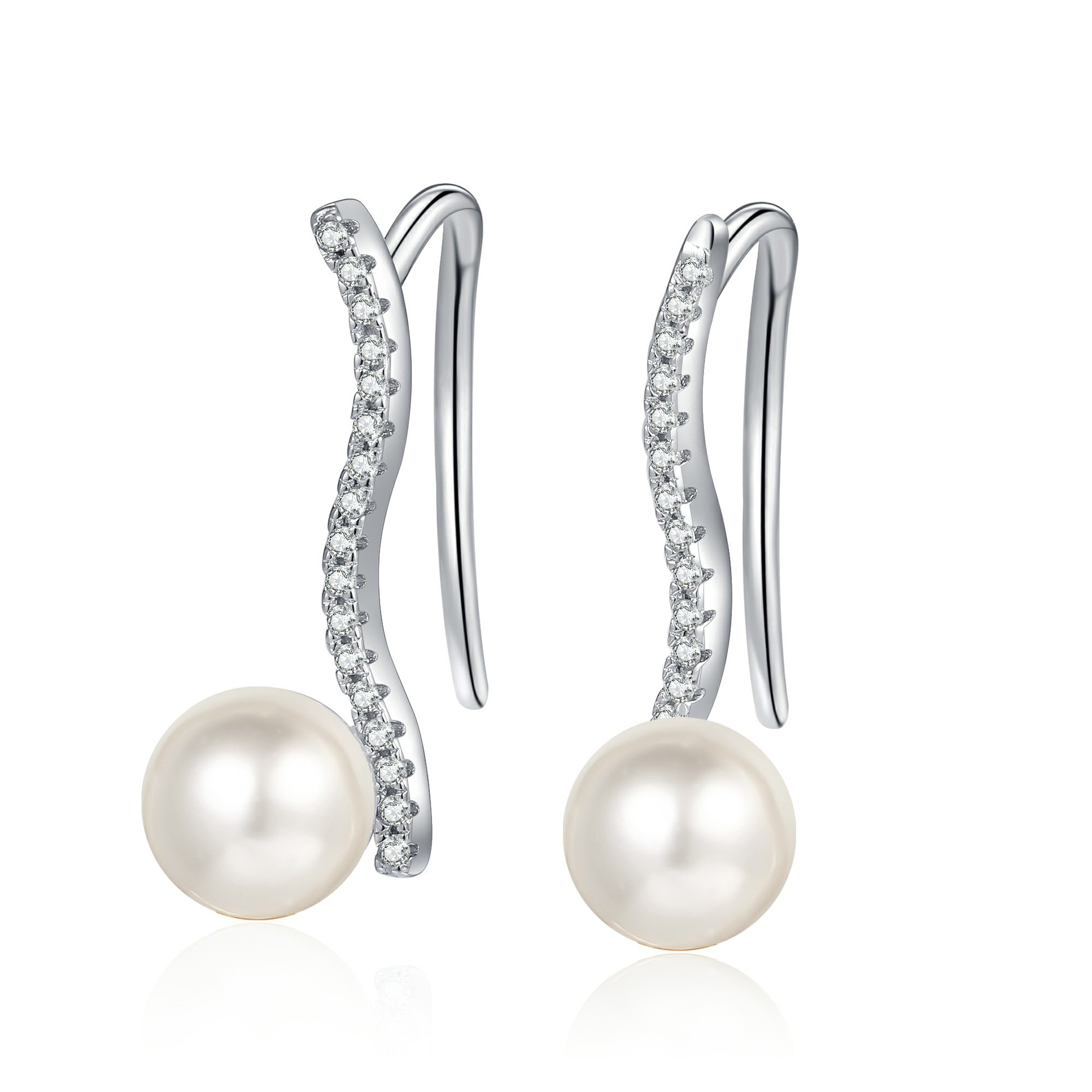 Luxury Women's Wavy Patterned S925 Silver Earrings Featuring Real Moissanites and Cultured Pearls