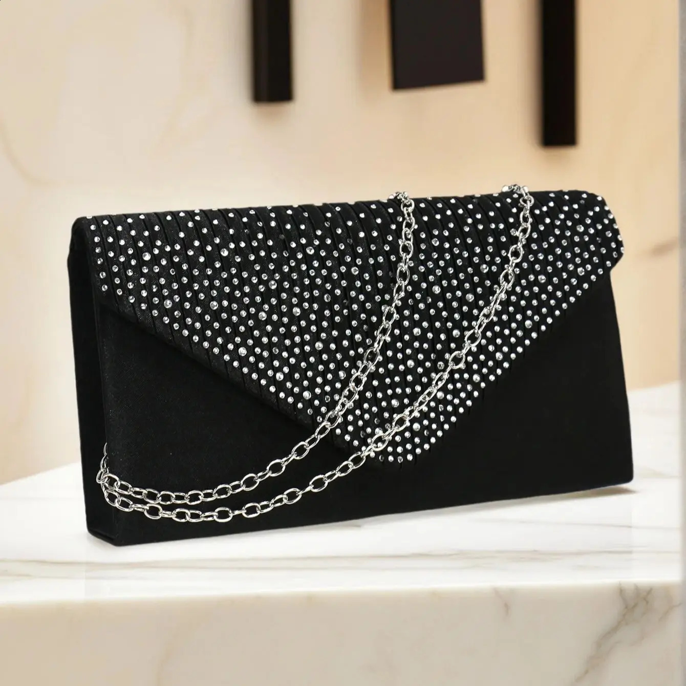 Rhinestones Women Evening Bags Small Envelope n Handbags Satin Shoulder Chain Glitter Purple Color Cocktail Purse 250528