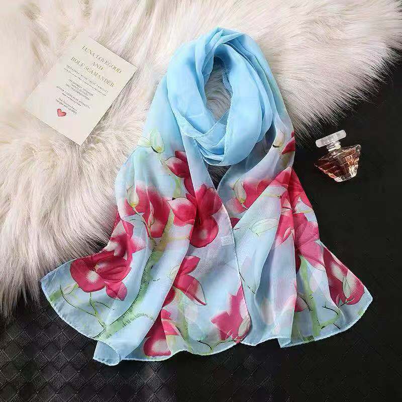 K868 New Korean chiffon spring and autumn scarf women's printed silk scarf summer long sunscreen shawl gauze scarf beach towel