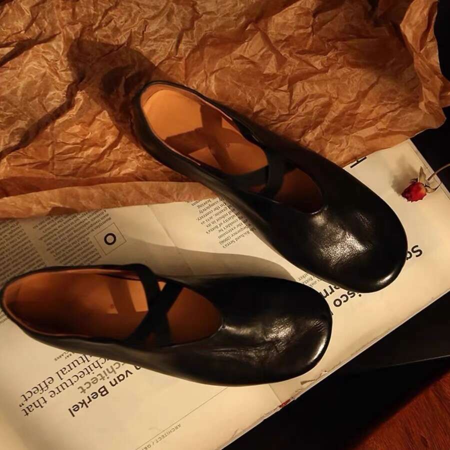 Genuine Leather Niche Round Toe Cross Strap Soft Sole Flat Ballet Shallow Mouth Mary Jane Single Shoes for Women Summer Autumn
