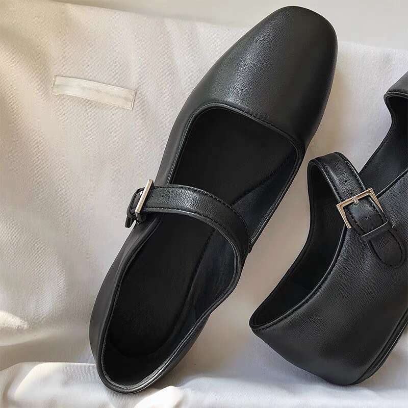 Genuine Leather Square Toe Mary Jane Strap Versatile Flat Shallow Mouth Single Women's Spring Ballet Shoes