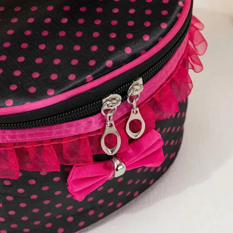 Cosmetic Makeup Bag Large Portable Zipper Travel Organizer Holder with Top HandleDot Print and Bow Lace Decor 250528