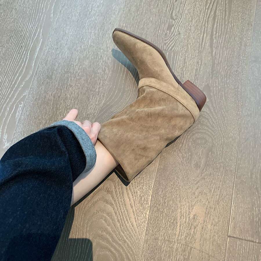 Genuine Leather Suede Square Toe Chunky Heel Western Cowboy Martin for Women Autumn Winter New Belt Buckle Mid-Calf Boots