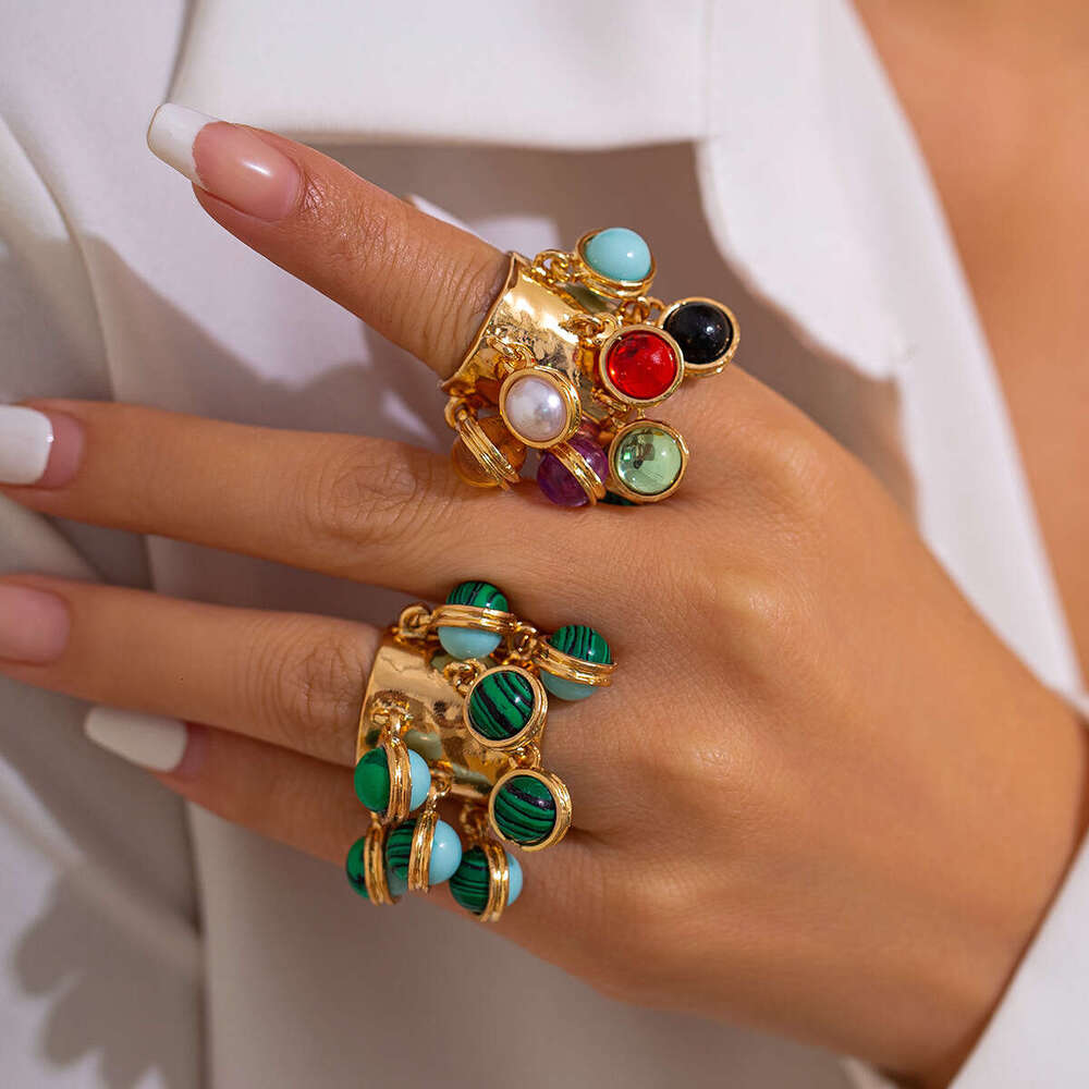 Jewelry Palace Inlaid Geometric Niche Malachite Round Alloy Open Ring