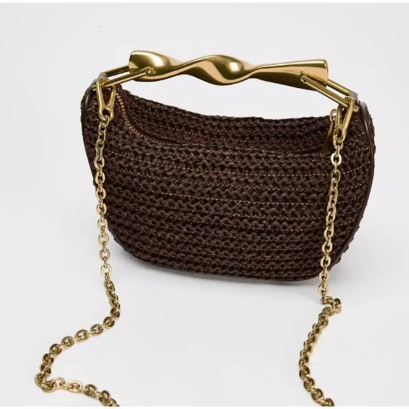 Summer Rattan Woven Crossbody Shoulder Bag,Half-Moon Beach Tote Bag,Women Designer Purse,Casual Metal Handle Straw Handbag