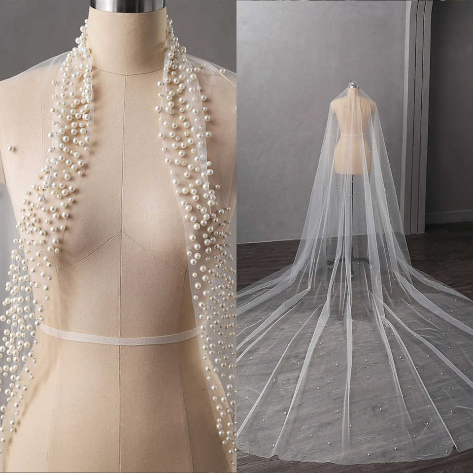 Classic Wedding Veil With Comb Pearls One Layer Long Cathedral Length Bridal Veils Beaded Edge Wedding Accessories Customized