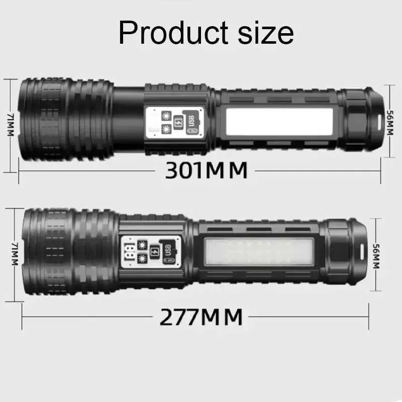 Super Bright Flashlight USB Rechargeable Most Strong LED Flash Light Long Range Torch Zoom Outdoor With Digital Power Display XJ250529