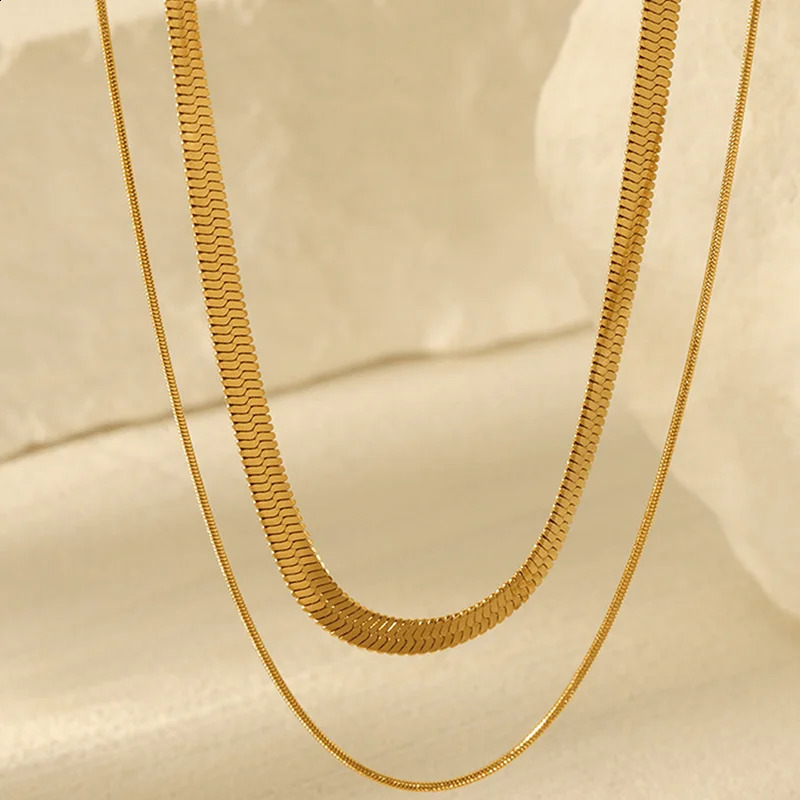 2pc Minimalist DoubleLayer Snake Chain Necklace Bracelet Set Stainless Steel Women Jewelry Gift for Christmas Valentines Day 250519