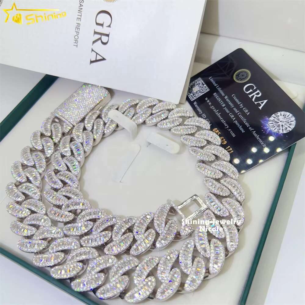 Hip Hop Necklace Luxury Heavy 22MM Baguette Moon Shape Style 925 Silver Miami Moissanite Cuban Link Chain