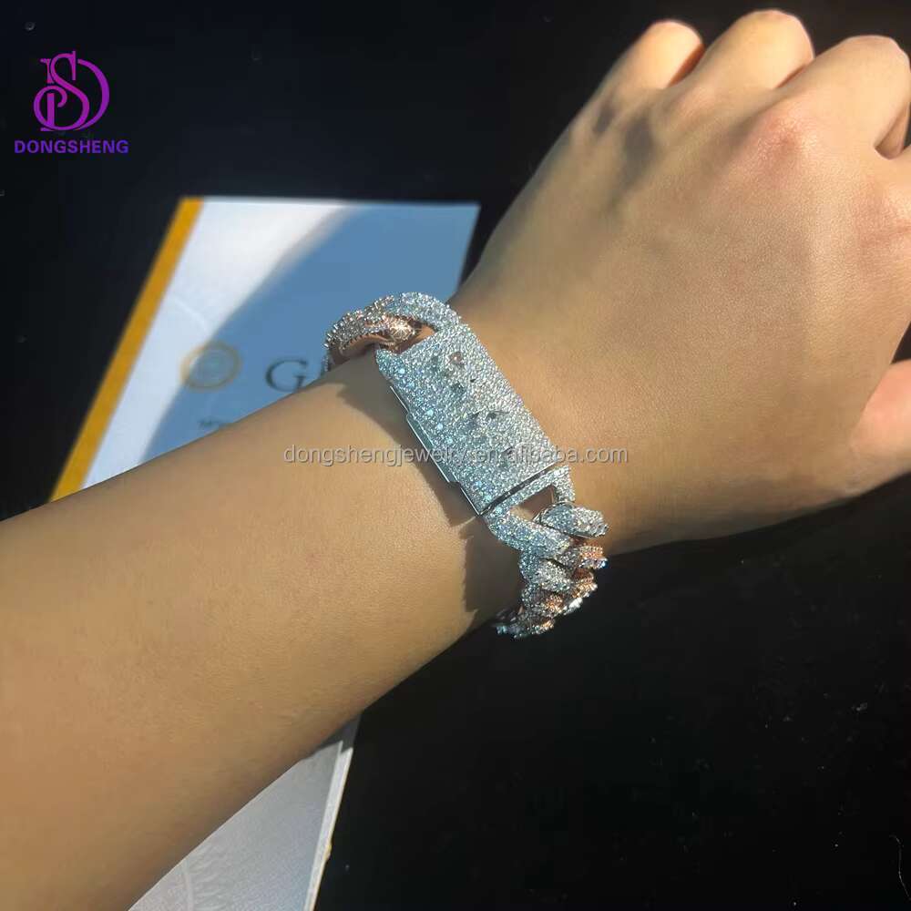 Moissanite Bracelet Two Tone Plated Raised 925 Silver 18mm Moissanite Cuban Chain Gift Ideas for Fine Hip Hop Jewelry