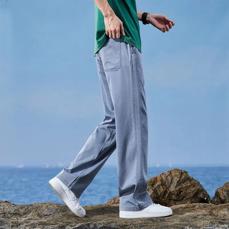 Mens Thin Straight Baggy Jeans Summer Clothes Lyocell Casual Elastic Waist Loose Male Wide Denim Trousers Blue Gray Black 250515