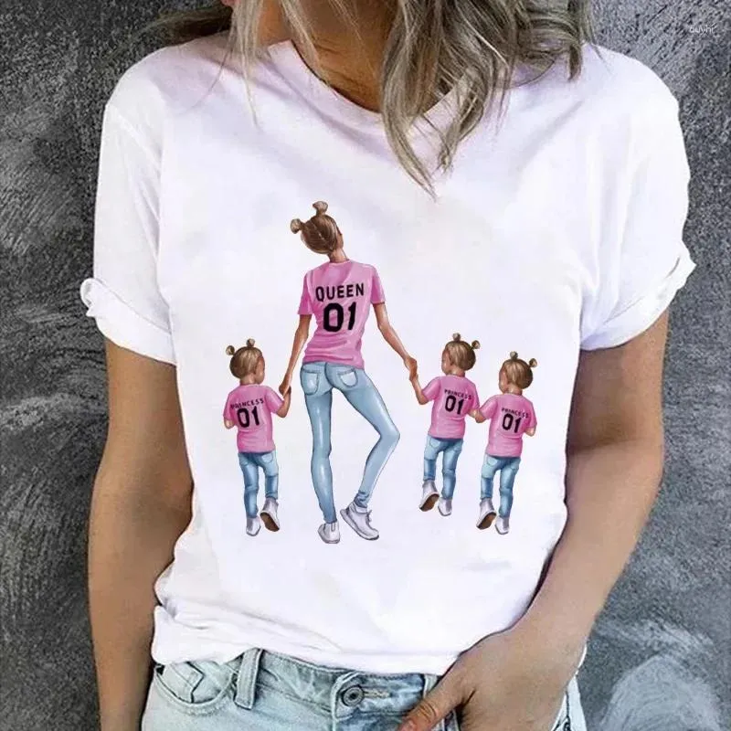 Women's T Shirts Women Cartoon Momlife Mom Mother Three Girls Print Lady T-Shirt Top Shirt Ladies Womens Graphic Female Tee