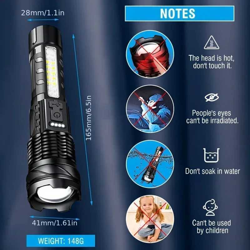 XPHP50 LED Tactical Powerful Flashlight Zoomable Waterproof COB Side Light Camping Torch 7 Modes USB Rechargeable Flash Lights XJ250529