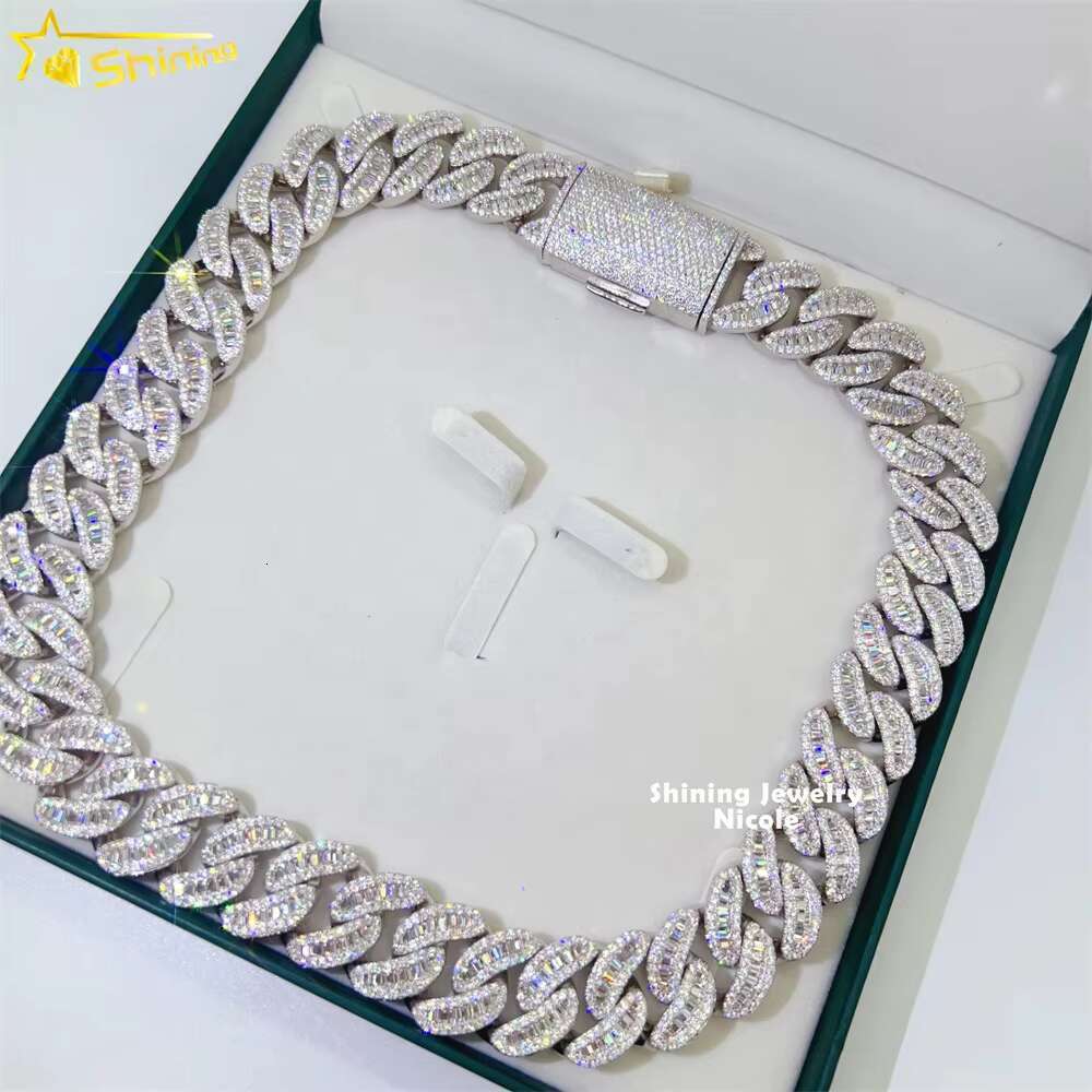 Hip Hop Necklace Luxury Heavy 22MM Baguette Moon Shape Style 925 Silver Miami Moissanite Cuban Link Chain