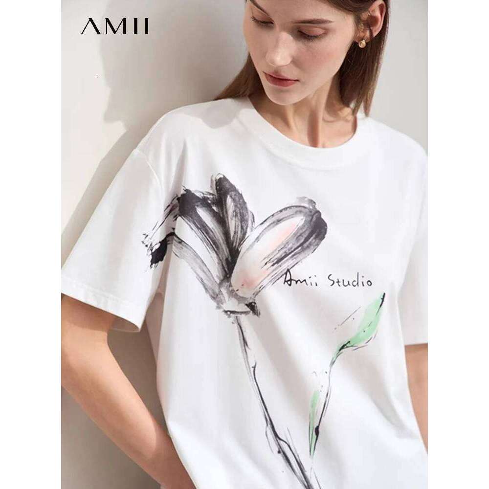 Amii Minimalism 2024 T-Shirt Women Summer New O Neck Ink Art Print Cool Feeling Short Sleeve Loose Cotton Tee Tops 12442185