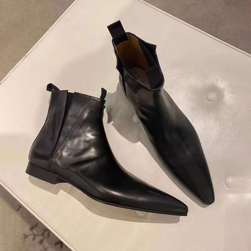 Genuine Leather Niche French Style Pointed Toe Chelsea for Women, Autumn and Winter Short Flat Bare Martin Boots, Slim Boots