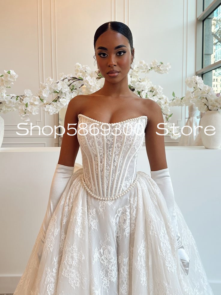 Two Pieces Lace Princess Wedding Dresses with Detachable Train Pearls Strapless Customsized Church Bridal Gown Garment