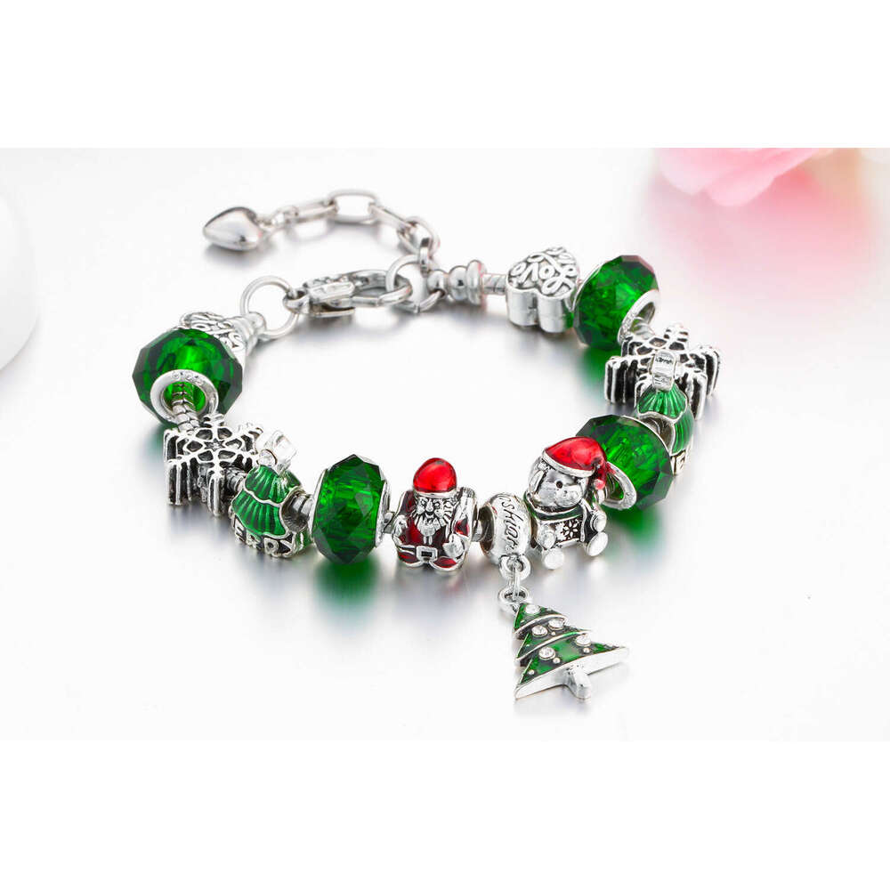 Trendy Sier-Plated Alloy Electroplated Oil-Drip Christmas Tree Bear Bracelet Bead String