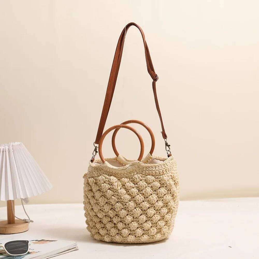 Women's Bags Designer Handmade Crochet Tote Bags For Women Round Wooden Handle Handbag Rope Knitted Beach Shoulder Woven Crossbody Bag Shopper NE