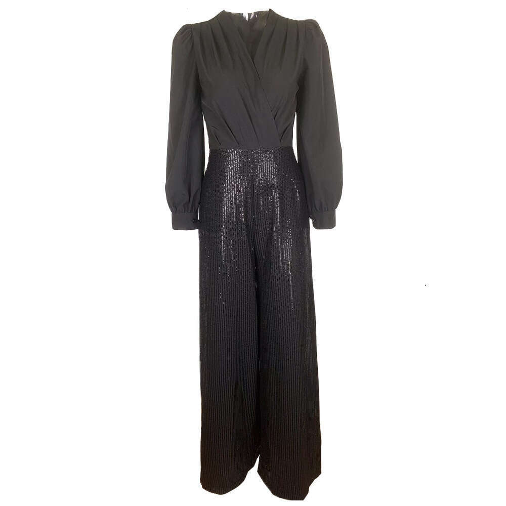 Summer New Fashion Solid Color V-Neck Long Sleeve Shirt Sequin Wide-Leg Pants Jumpsuit B5