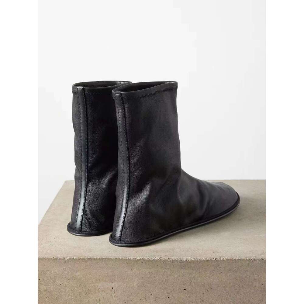 Genuine Leather Niche Design Square Toe Elastic Comfortable Flat Lazy Ankle Autumn New Versatile Slim Boots for Women