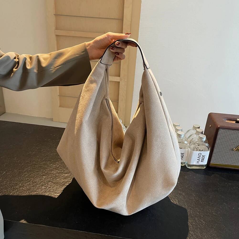 Women Suede Hobo Slouchy Underarm Bag With Zipper Large Capacity Handbag For Work Travel