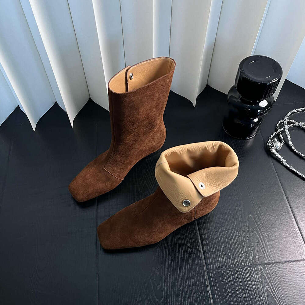 Niche Suede Square Toe Western Cowboy for Women, Autumn and Winter Thick Heel Turn-down Collar Two-way Martin Short Boots