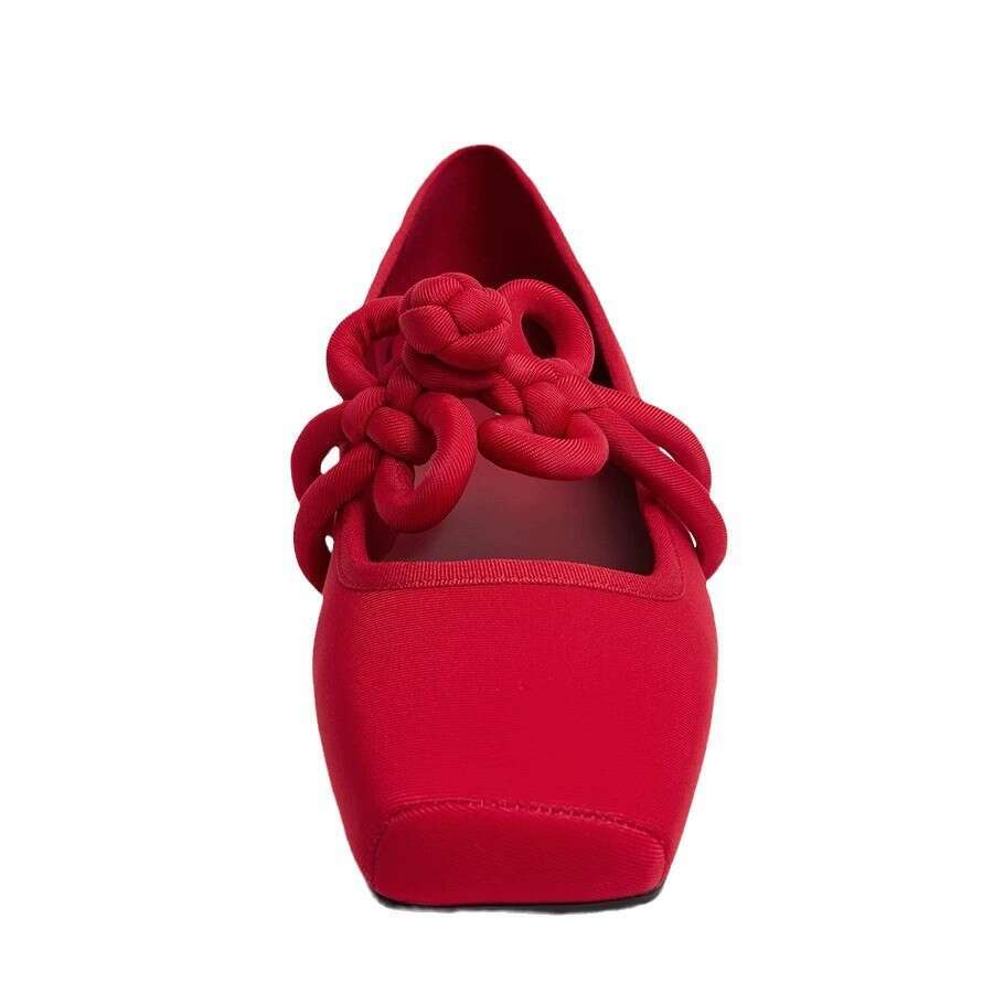 Genuine Leather Satin Flat Shallow Mouth Square Toe Single for Women 2025 Spring Chinese Knot Red Mary Jane Ballet Shoes