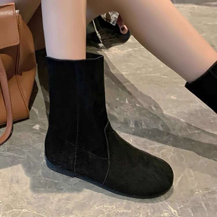 Genuine Korean Style Suede Turned Leather Round Toe Flat Slim Short Women 2024 New Versatile Mid-Calf Denim Boots