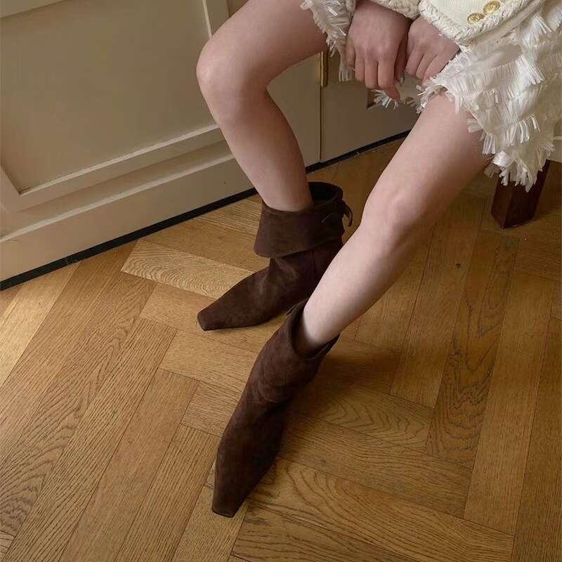 Korean Style Niche Folded Chelsea Slim Short for Women Autumn Winter Fleece Lined Flat Small Square Toe Western Cowboy Boots