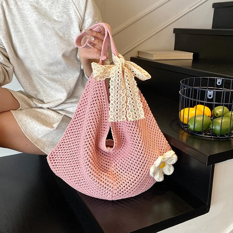 Korean Womens Hollow Woven Shoulder Bags Braided Bag Tote Lazy Style Knitted Flower Summer Mesh Beach Bag 250528