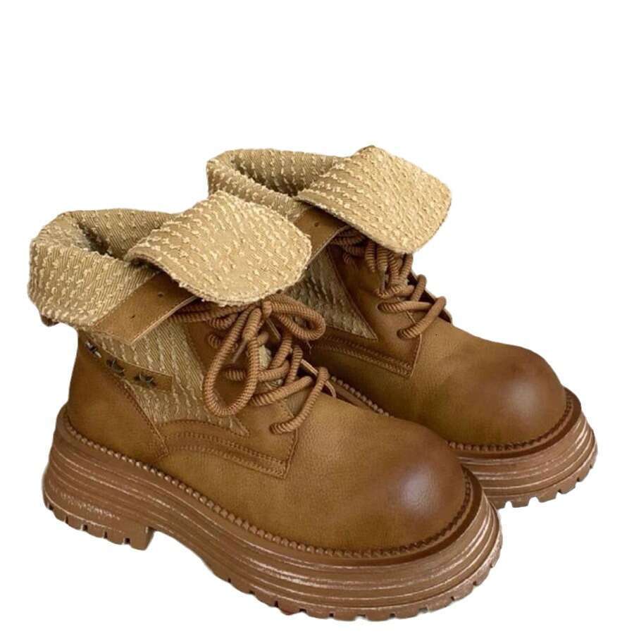 British Style Martin for Women 2024 Autumn Winter New Thick Sole Chunky Heel Height Increasing Turn-Up Two-Way Round Toe Short Boots