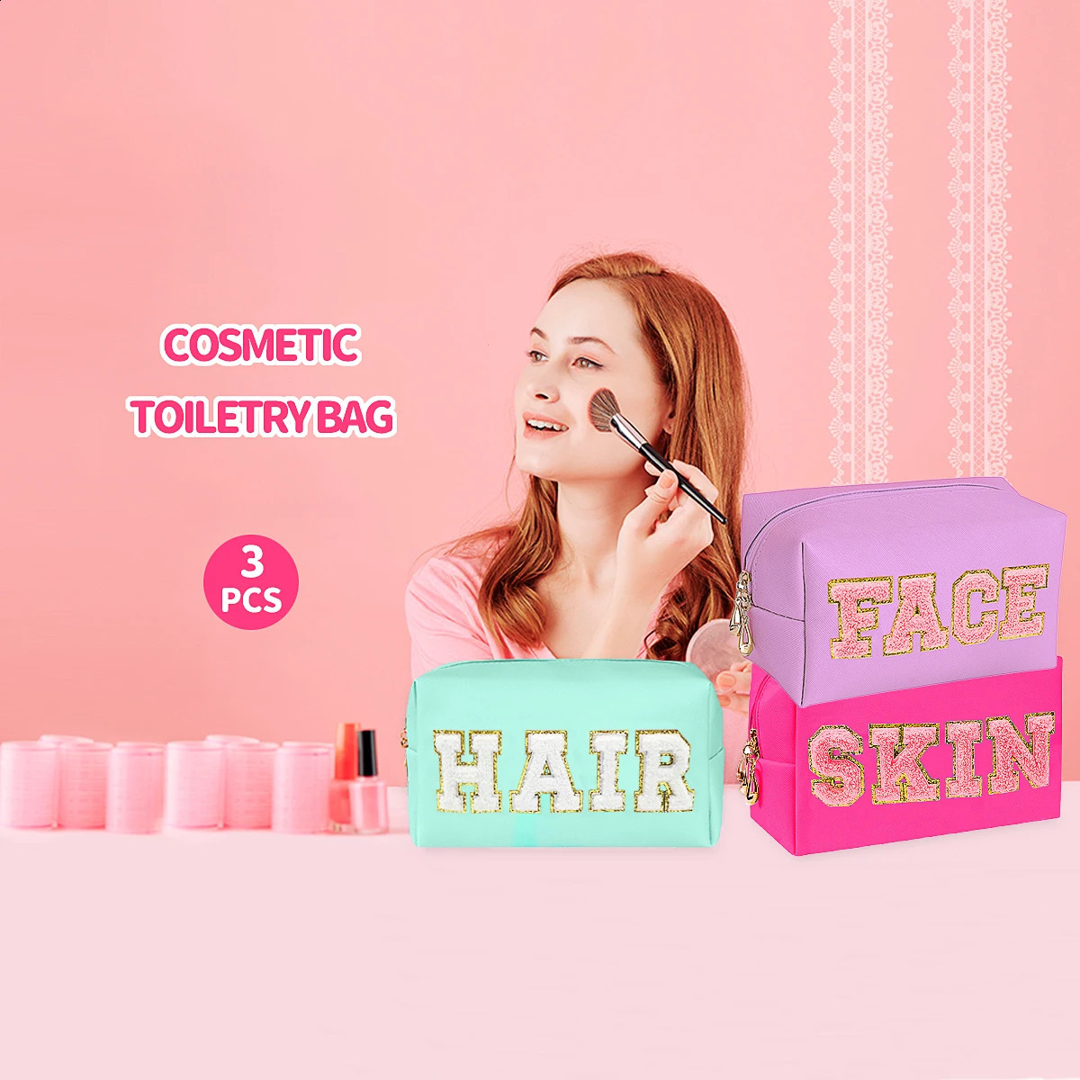 Chenille Letter Cosmetic Bag PU Leather Waterproof Pouch Cute Zipper Organizer Skin Hair and Facezmt 250528