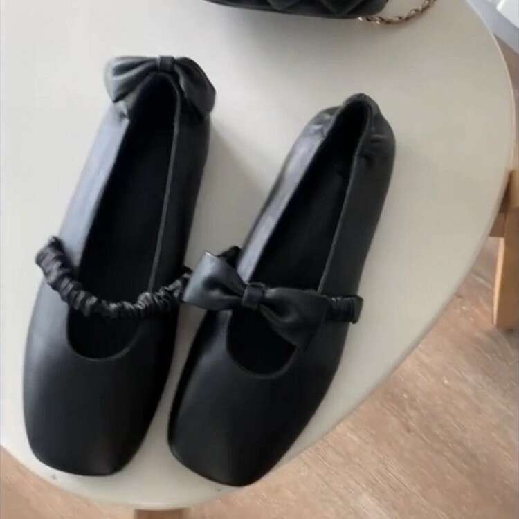 Genuine Leather Korean Style Bowknot Square Toe Mary Jane for Women 2025 Spring Ballet Flat Shoes
