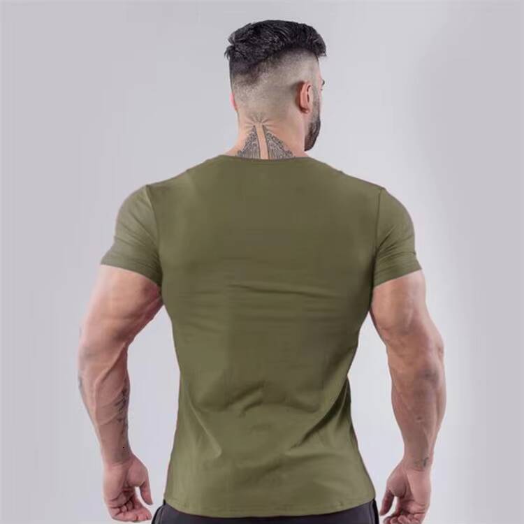 Men's 100% Cotton Summer Sports T-Shirt Slim Fit Short Sleeve Elastic Neck Breathable Thin Muscle Gym Shirt Dyed Solid Color