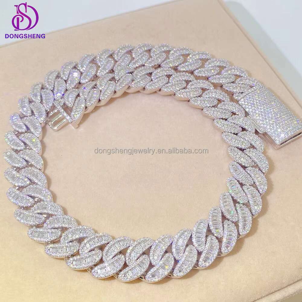 New Dual Cut Moissanite Cuban Link Chain 18mm S925 Silver Pass Tester D Color Baguette Round Diamond Moissanite Cuban Necklace
