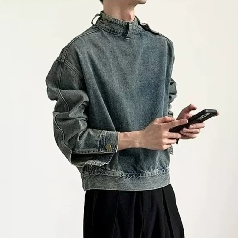 Denim Jacket Stand Collar Long Sleeve Coats Washed Distressed Outerwear Vintage Men Loose Solid Pockets Moto Biker Button 250516Z